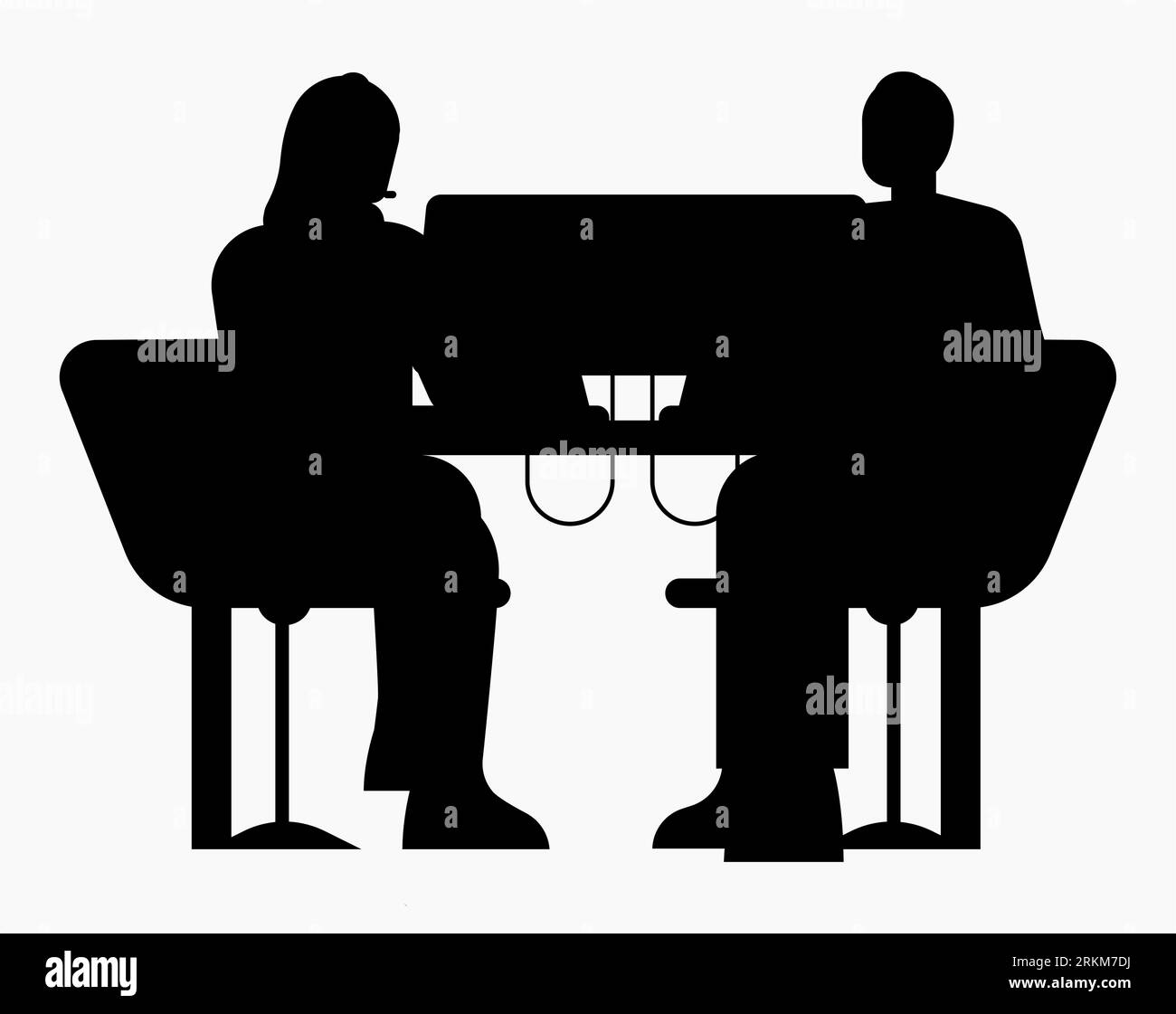 Black silhouette of a woman and a man brainstorming on laptop, creative