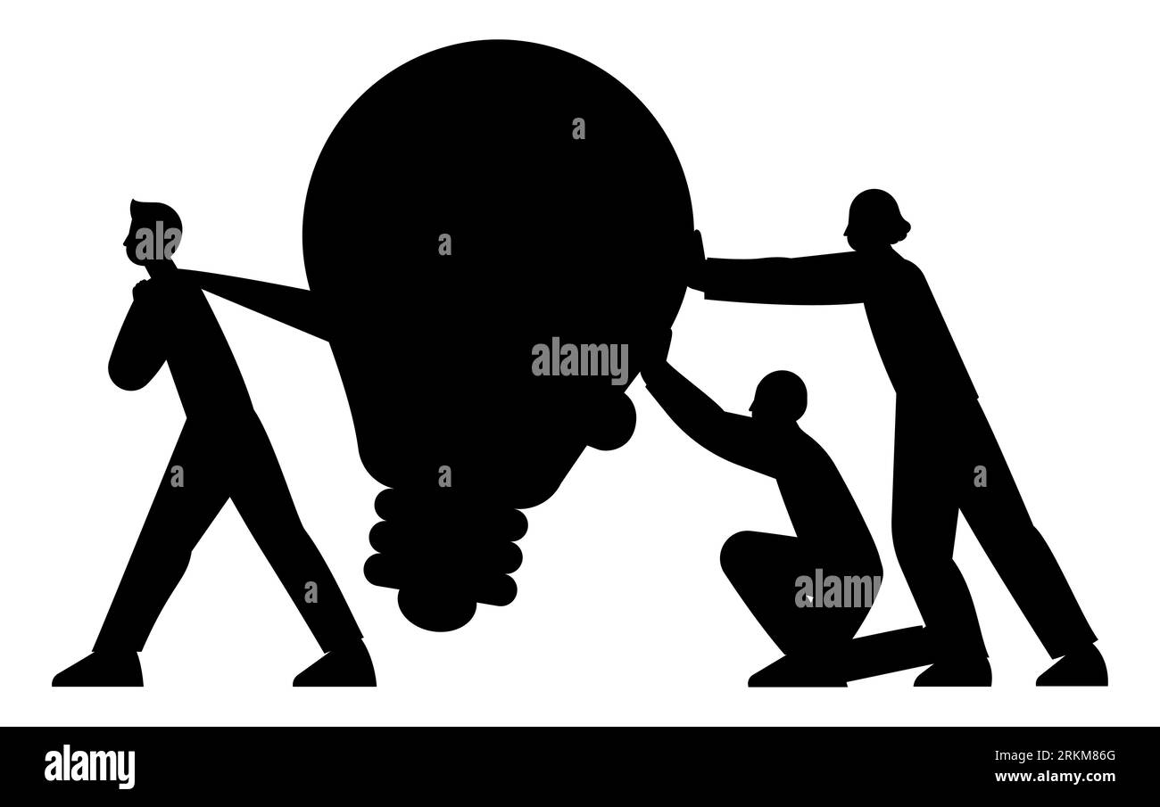 Black silhouette of Businesspeople lifting up a light bulb together, teamwork of colleagues in generating ideas and being creative, vector isolated Stock Vector