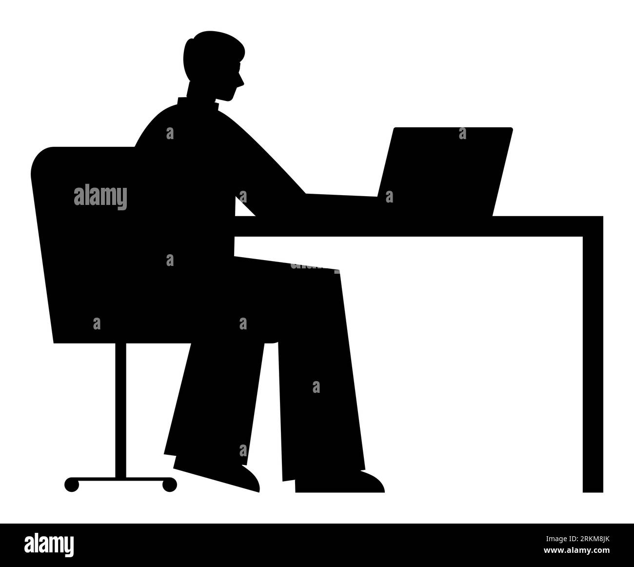 Black silhouette of a man using laptop in tranquil setting, peaceful male professional finding balance through remote work, vector illustration Stock Vector