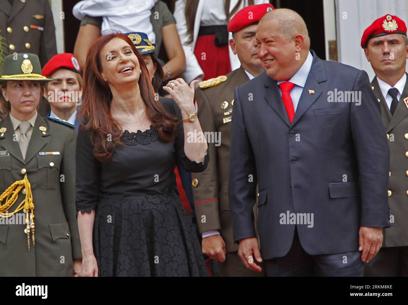 (111202) -- CARACAS, Dec. 2, 2011 (Xinhua) -- Venezuelan President Hugo Chavez (R, front) talks with his Argentine counterpart Cristina Fernandez de Kirchner (L, front) before a bilateral meeting at the Miraflores Presidential Palace, in Caracas, capital of Venezuela, on Dec. 1, 2011. (Xinhua/Juan Carlos Hernandez) (py)(dtf) VENEZUELA-CARACAS-ARGENTINA-REUNION PUBLICATIONxNOTxINxCHN   Caracas DEC 2 2011 XINHUA Venezuelan President Hugo Chavez r Front Talks With His Argentine Part Cristina Fernandez de Kirchner l Front Before a bilaterally Meeting AT The Miraflores Presidential Palace in Caraca Stock Photo