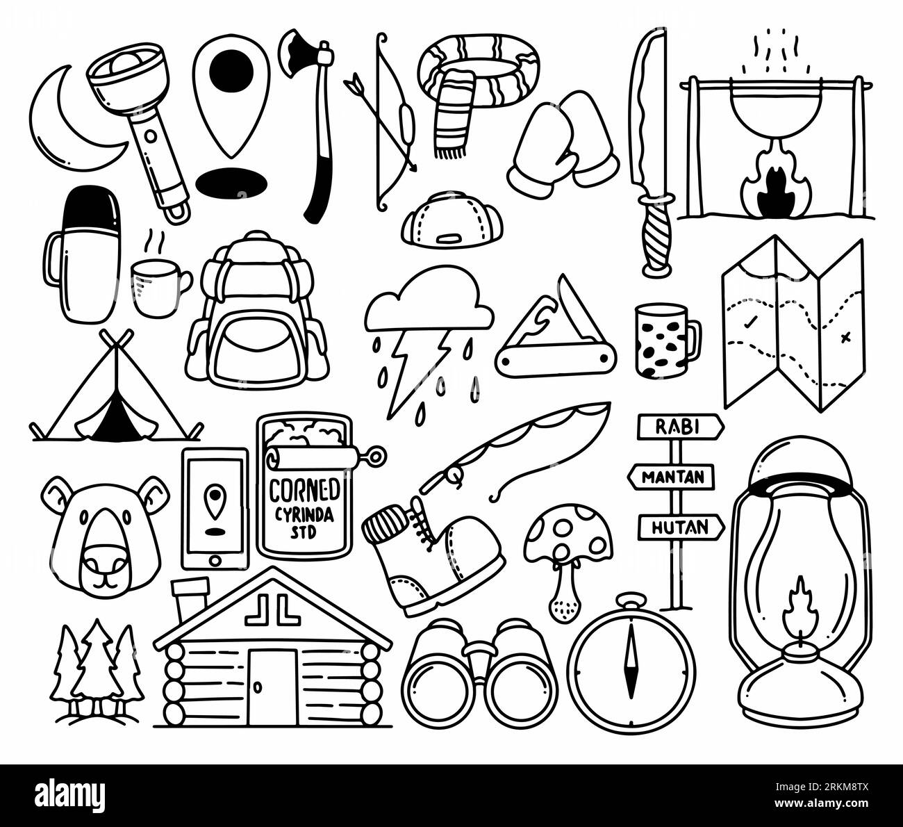 Hand drawn camping and hiking elements, isolated on white background
