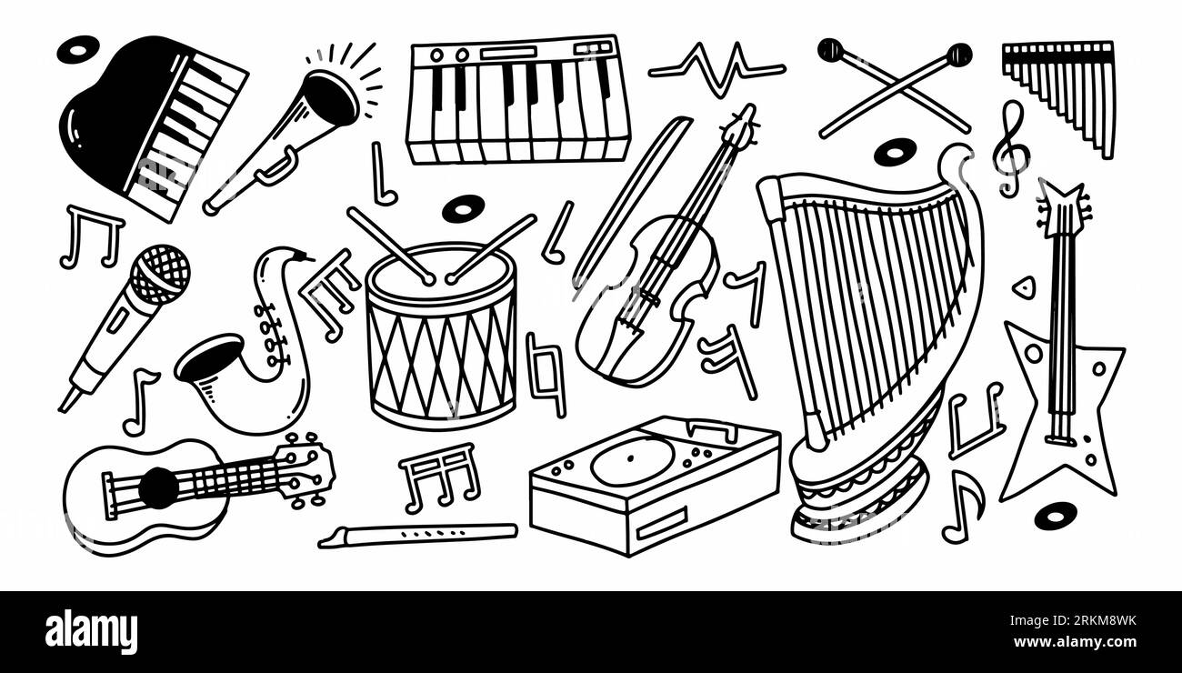 Set of acoustic music elements in childish doodle hand drawn style