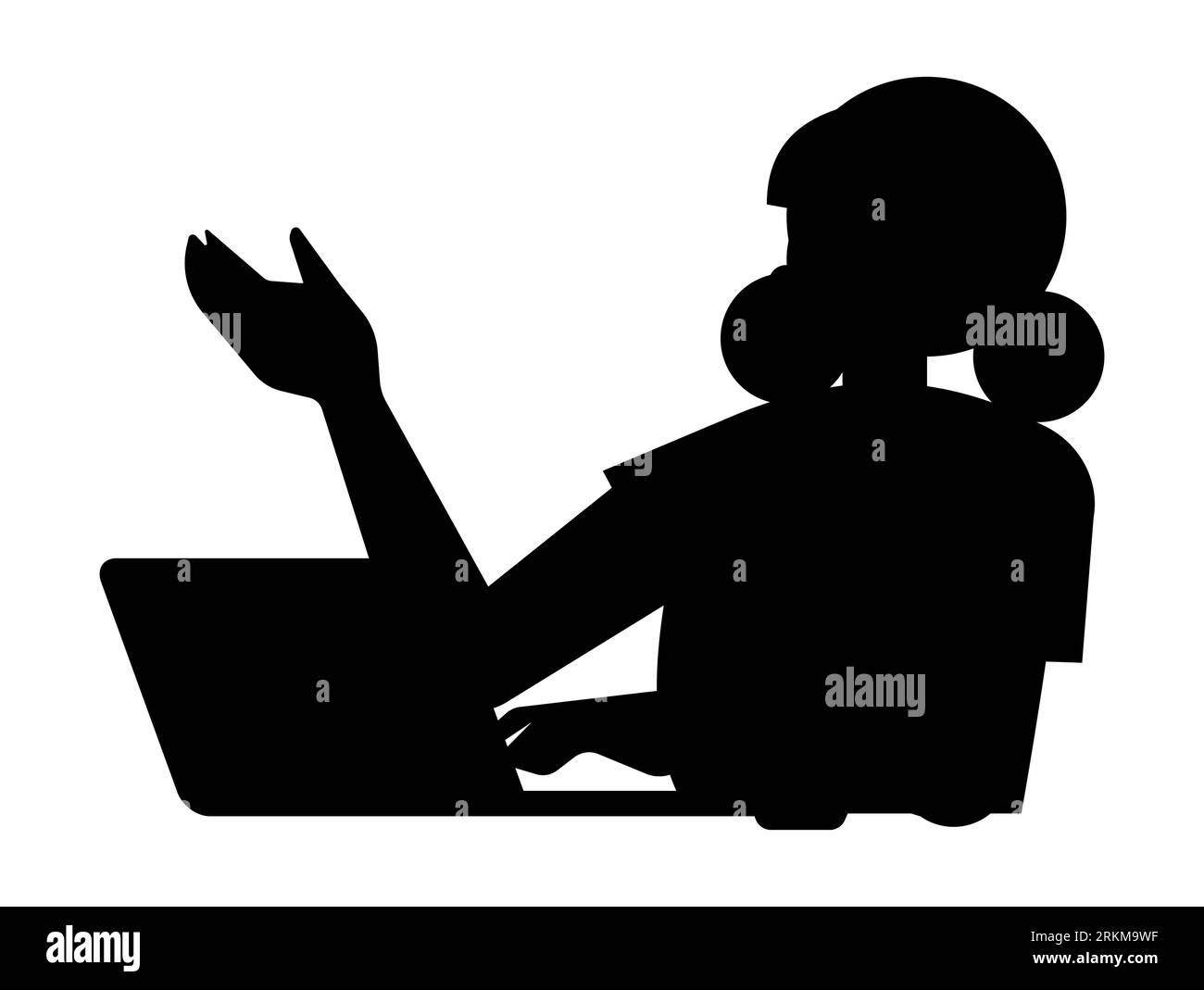 Black silhouette of a woman engrossed in laptop tasks, dedicated female worker at home office, laptop productivity concept, vector graphic isolated Stock Vector