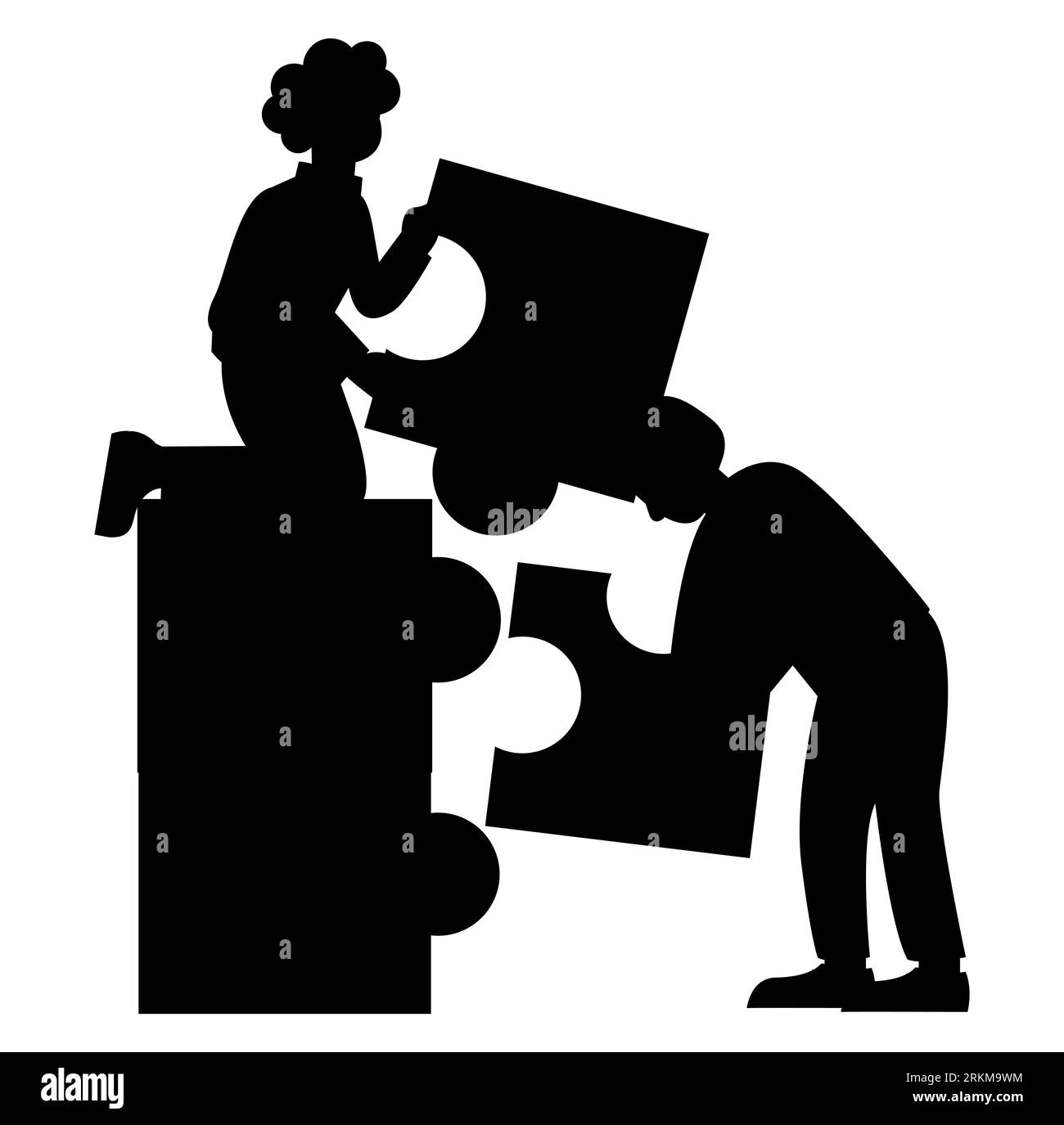 Black silhouette of colleagues with puzzle pieces, Teamwork, problem-solving, brainstorming unique ideas and skills, vector isolated on white Stock Vector