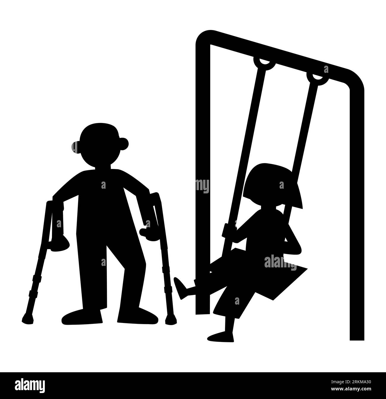 Black silhouette of small children playing with each other in the park, the boy with walking stick and the girl swinging on a swing outside, vector Stock Vector