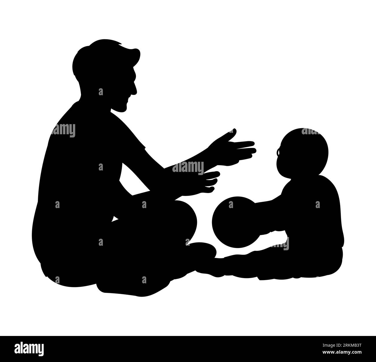 Black silhouette of a dad playing with her son, dad playing ball with his kid outdoors, Kids and parents spending time together in summer, vector Stock Vector