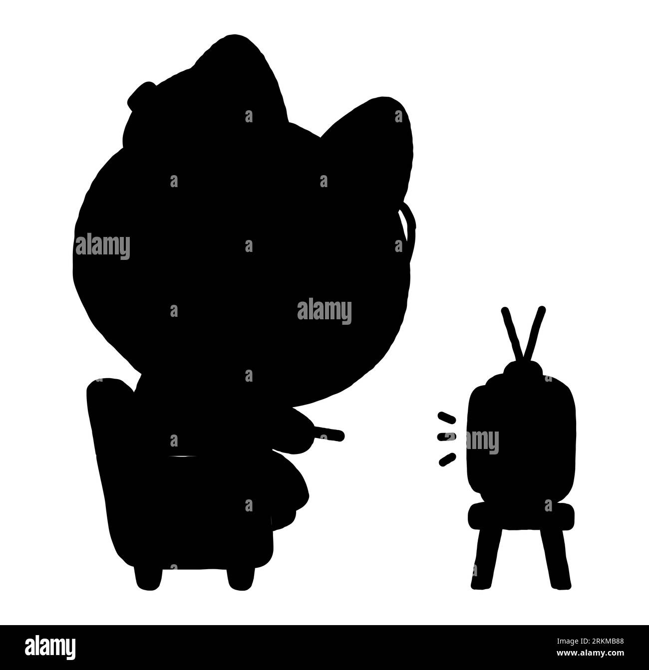 Black silhouette of a cute cartoon rabbit watching TV, adorable character changing television channels with a remote, vector eps Stock Vector
