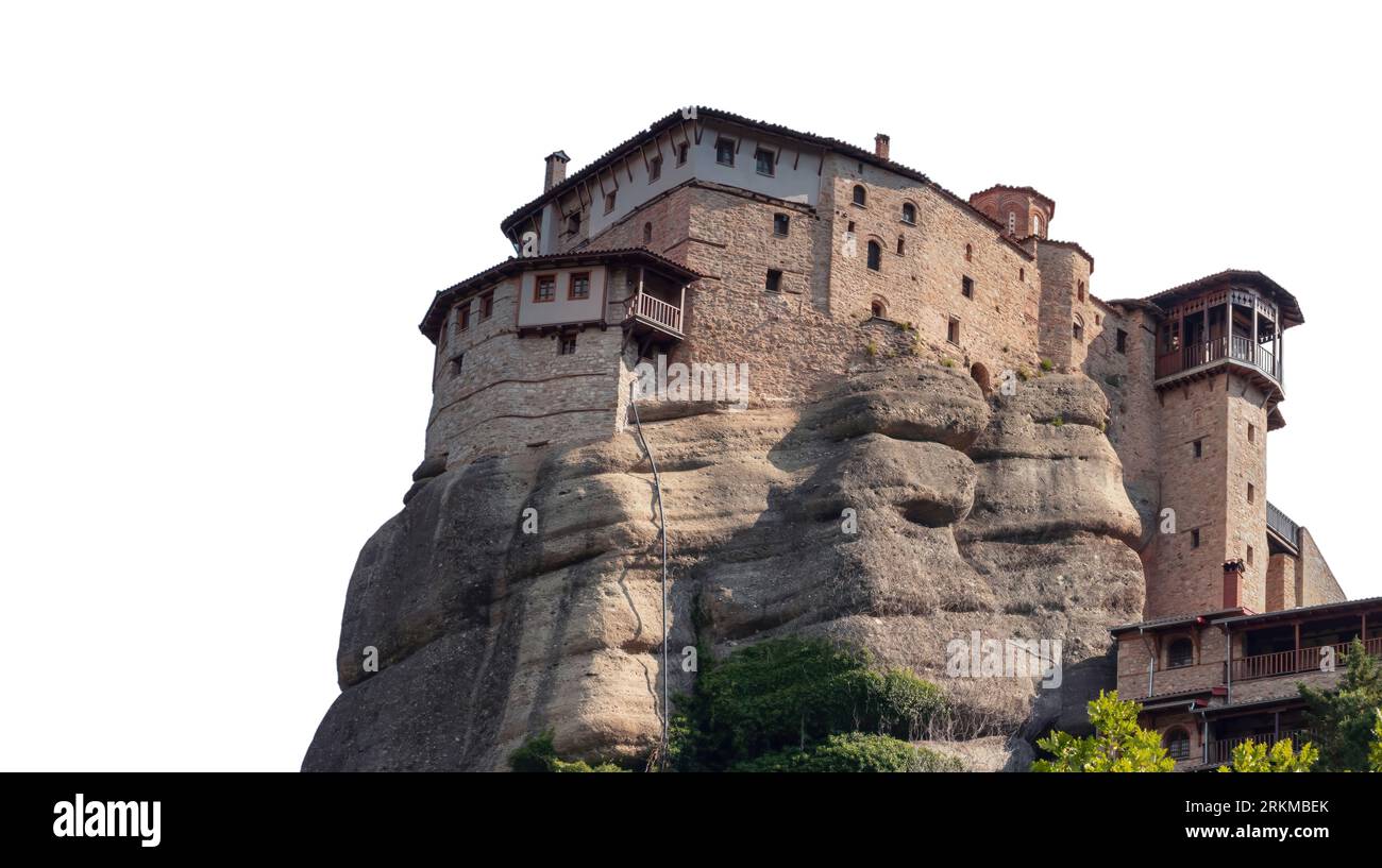 Meteora Greece Monastery building on top of rock isolated on white background Stock Photo