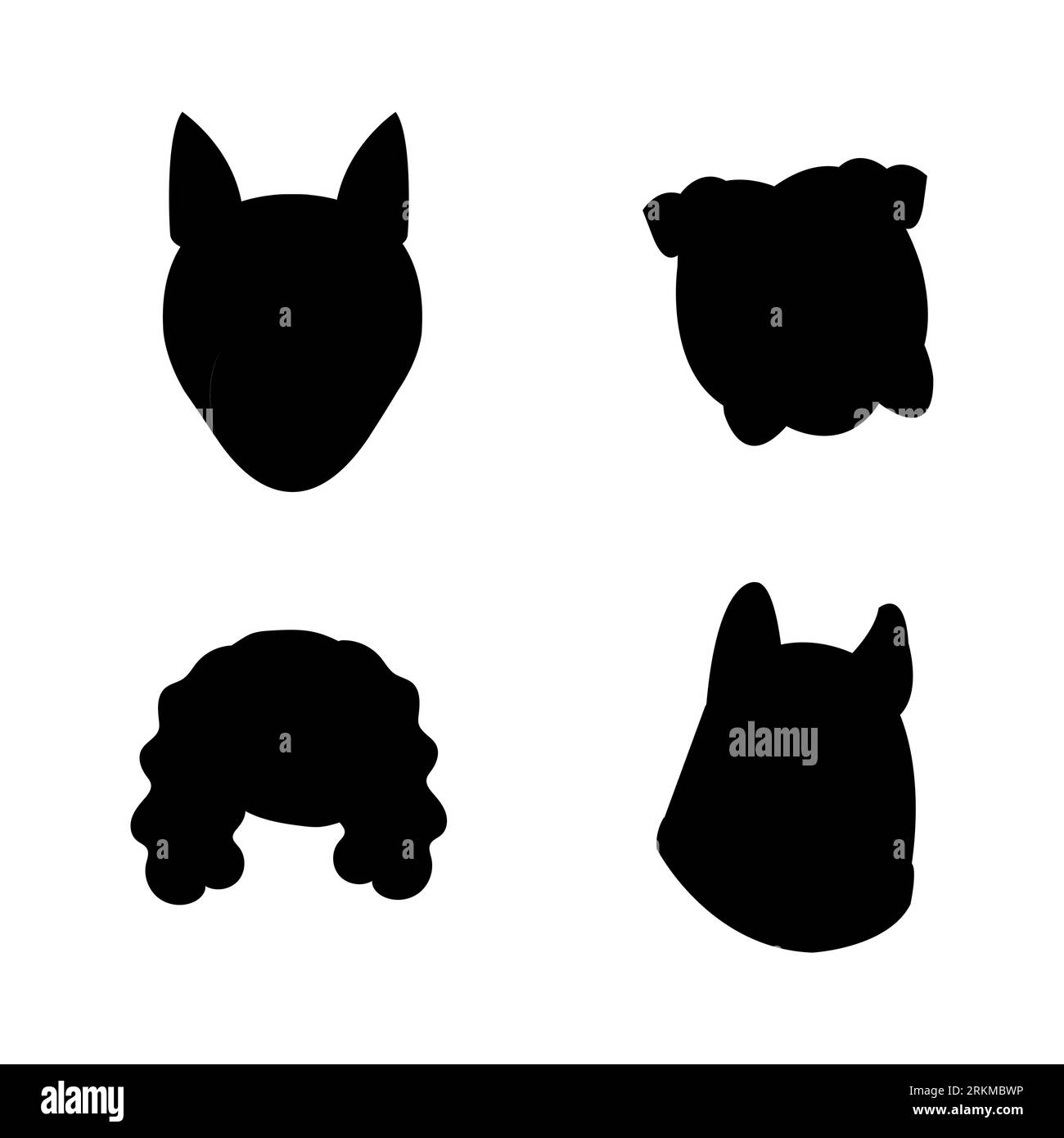 Black silhouette of four dog head mascots, cute puppy faces, pug dog, Poodle breed, husky, and pit bull vector isolated on white background Stock Vector