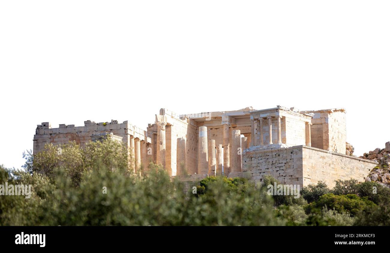 Acropolis propylaea gate isolated on white background, Athens, Greece. Stock Photo