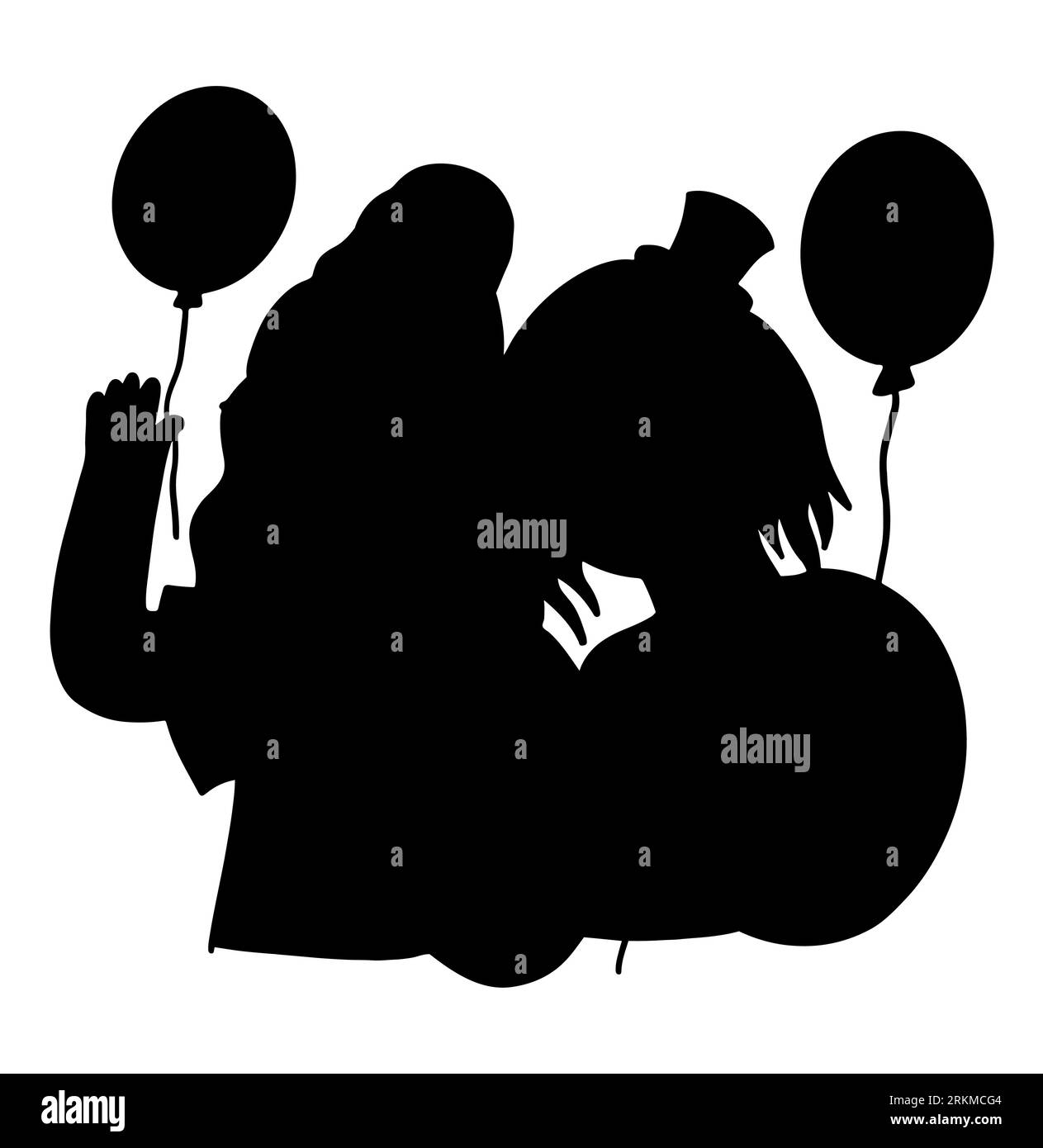 Black silhouette of two female friends enjoying with each other, girls holding balloons in their hands, females having fun, vector isolated on white Stock Vector