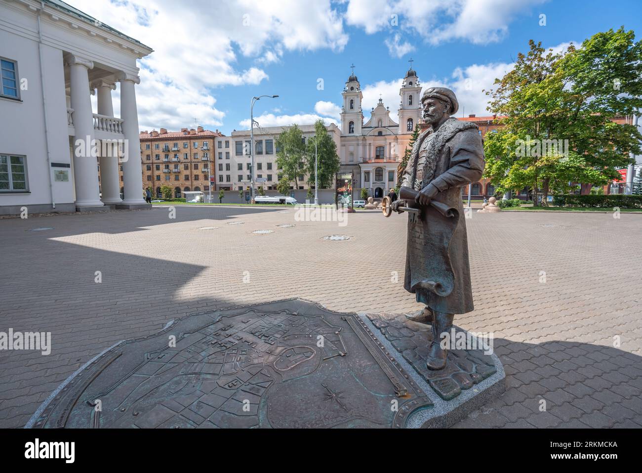 Statue of City Voit (magistrate) with key and royal letter in front of Minsk City Hall - Minsk, Belarus Stock Photo