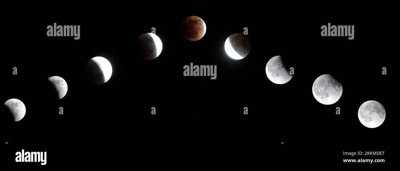 Bildnummer: 56683473  Datum: 10.12.2011  Copyright: imago/Xinhua (111210) -- BEIJING, Dec. 10, 2011 (Xinhua) -- The Combined photo shows the moon in various stages of a total lunar eclipse over Shenchi, north China s Shanxi Province, from Dec. 10 to Dec. 11, 2011. (Xinhua/Fan Minda) (lr) (CORRECTION)CHINA-MOON ECLIPSE (CN) PUBLICATIONxNOTxINxCHN Gesellschaft Mond totale Mondfinsternis x0x xst premiumd 2011 quer      56683473 Date 10 12 2011 Copyright Imago XINHUA  Beijing DEC 10 2011 XINHUA The Combined Photo Shows The Moon in Various Stages of a total Lunar Eclipse Over  North China S Shanxi Stock Photo