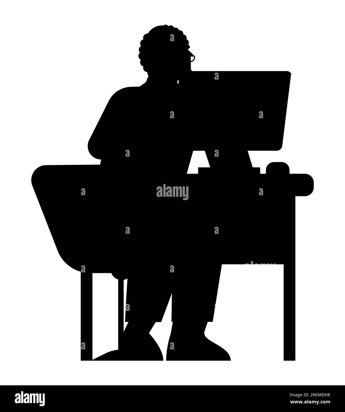 Black silhouette of a man engrossed in laptop projects, a motivated man pursuing a career from home, aspiration and dedication, vector graphic Stock Vector