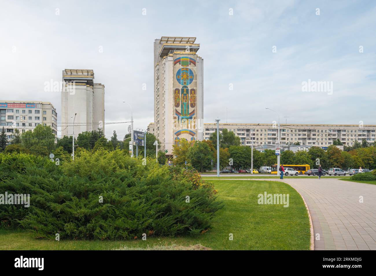 Soviet Era Buildings with City Builder Mosaic by Alexander Kishchenko - Minsk, Belarus Stock Photo