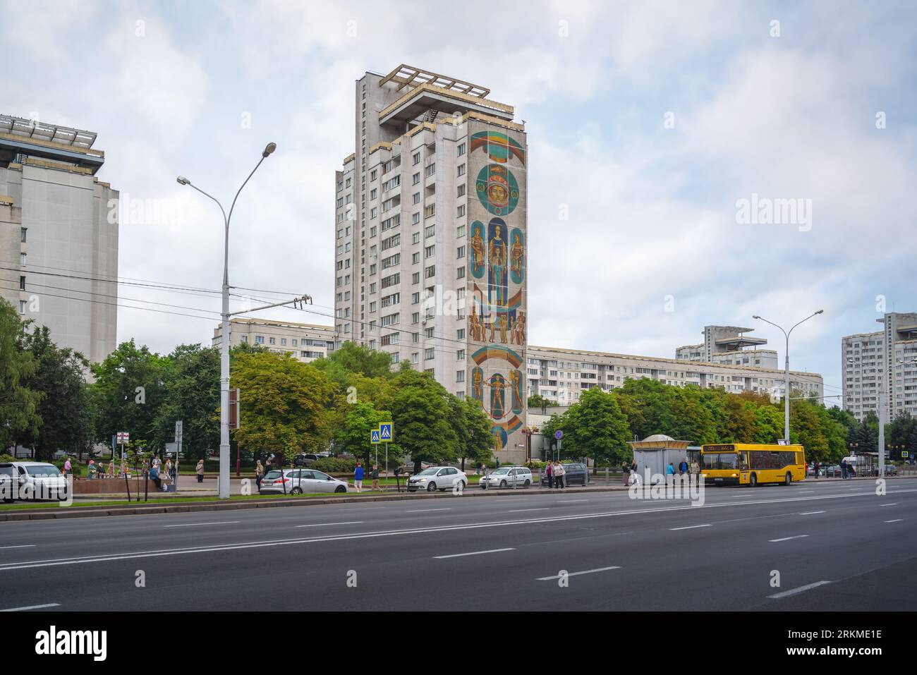 Soviet Era Buildings with City of Science Mosaic by Alexander Kishchenko - Minsk, Belarus Stock Photo