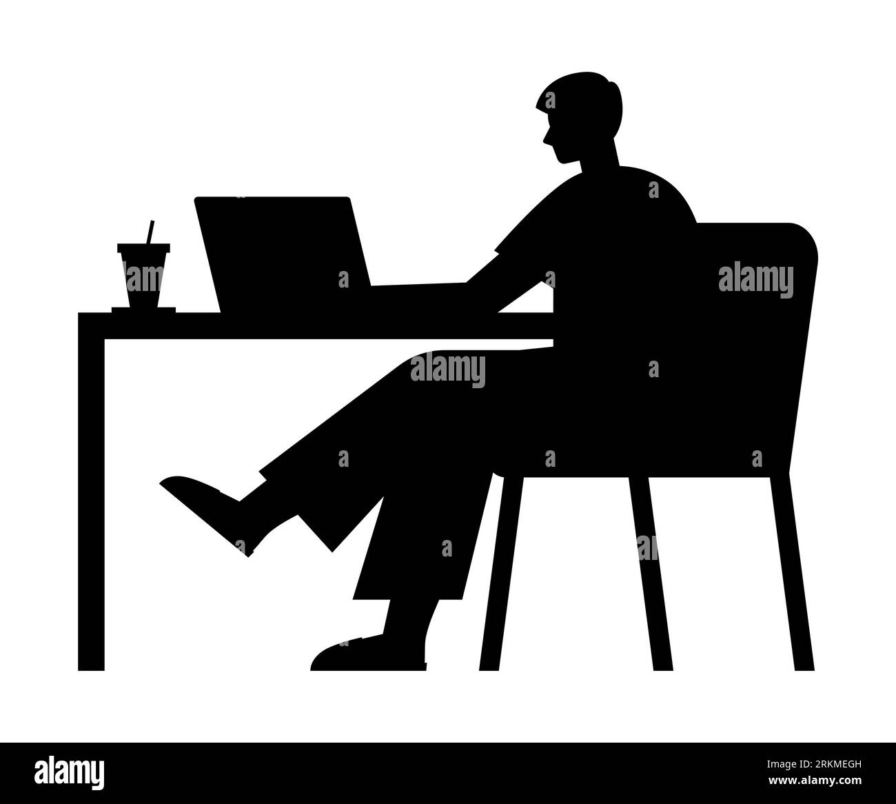 Black silhouette of a male office worker, a man using laptop and a computer vector isolated on a white background Stock Vector