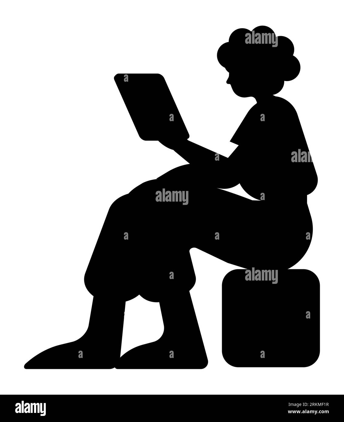Black silhouette of a focused businesswoman typing on laptop, a successful woman working from home, a modern work-from-home scene, vector illustration Stock Vector