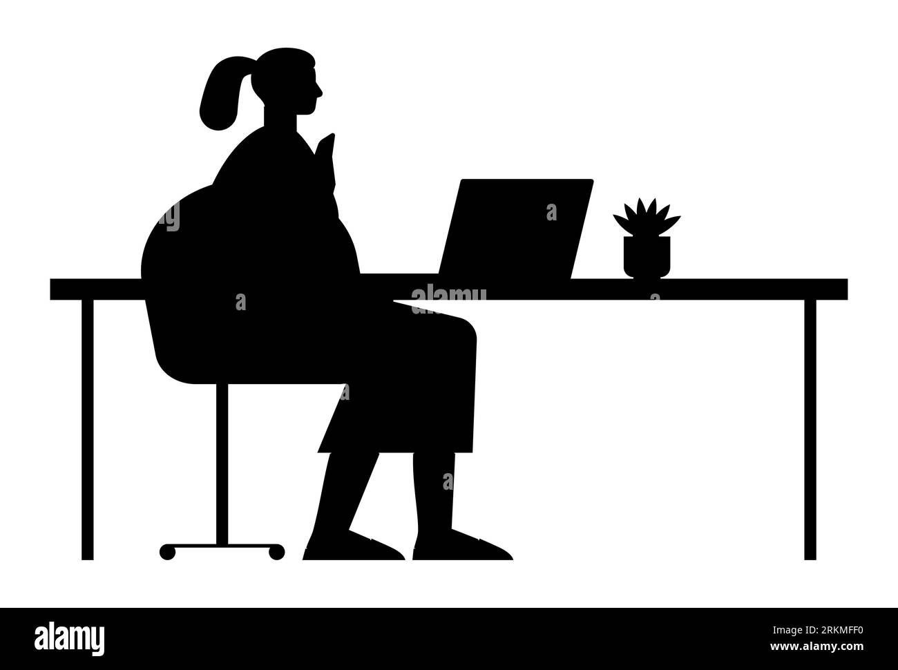 Black silhouette of a female office worker using laptop, dedicated woman balancing career and home, modern remote work, vector graphic on white Stock Vector