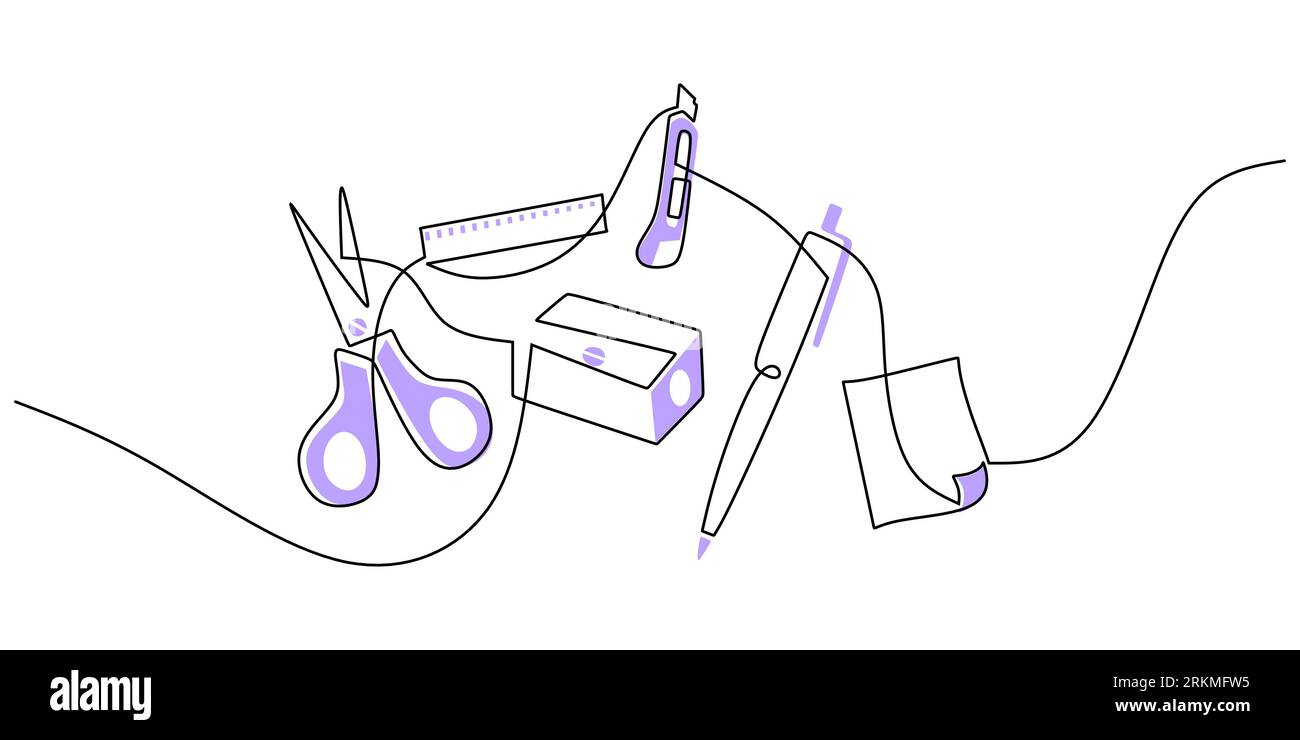 Continuous one single line of scissors, ruler, cutter and pen isolated ...