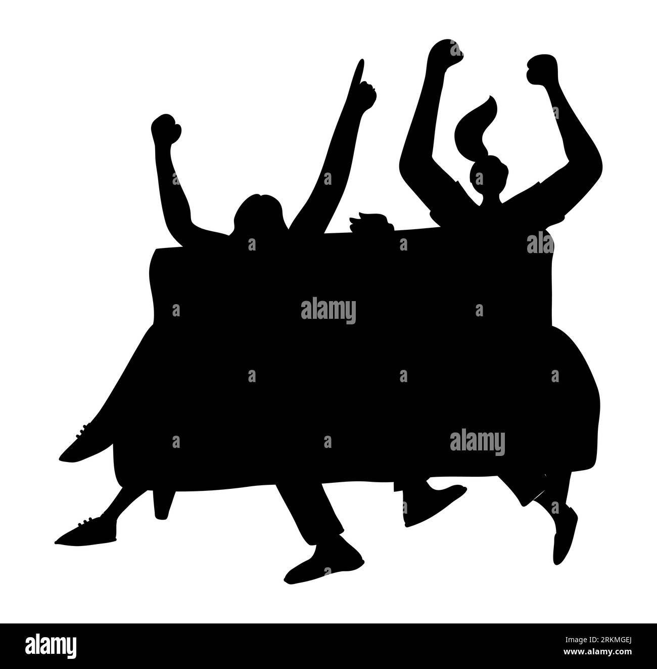 Black silhouettes of people doing a protest, groups of young people with posters and boards, fighting for human rights, vector isolated on white Stock Vector
