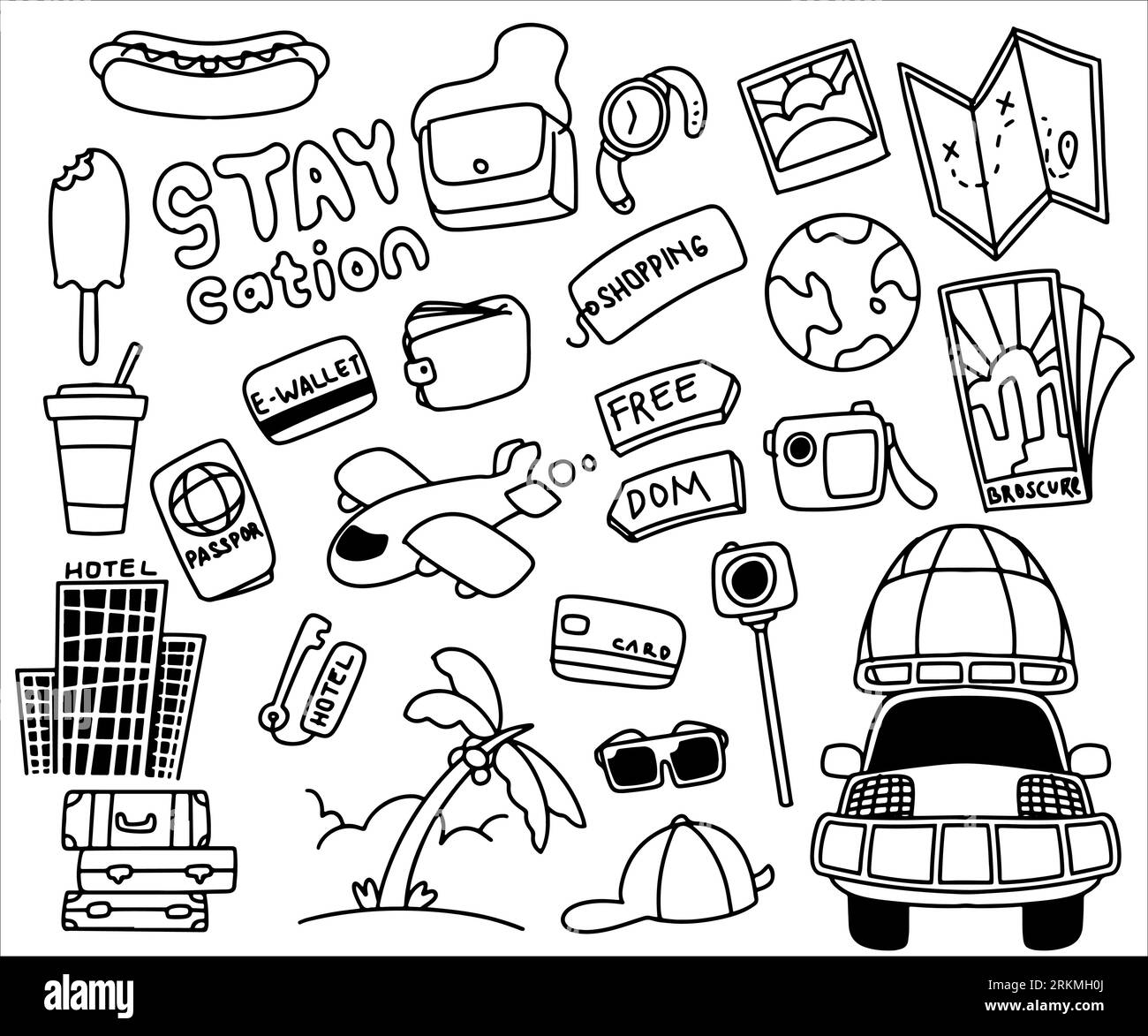 Set of doodle hand drawn stay cation equipment stuff collection ...