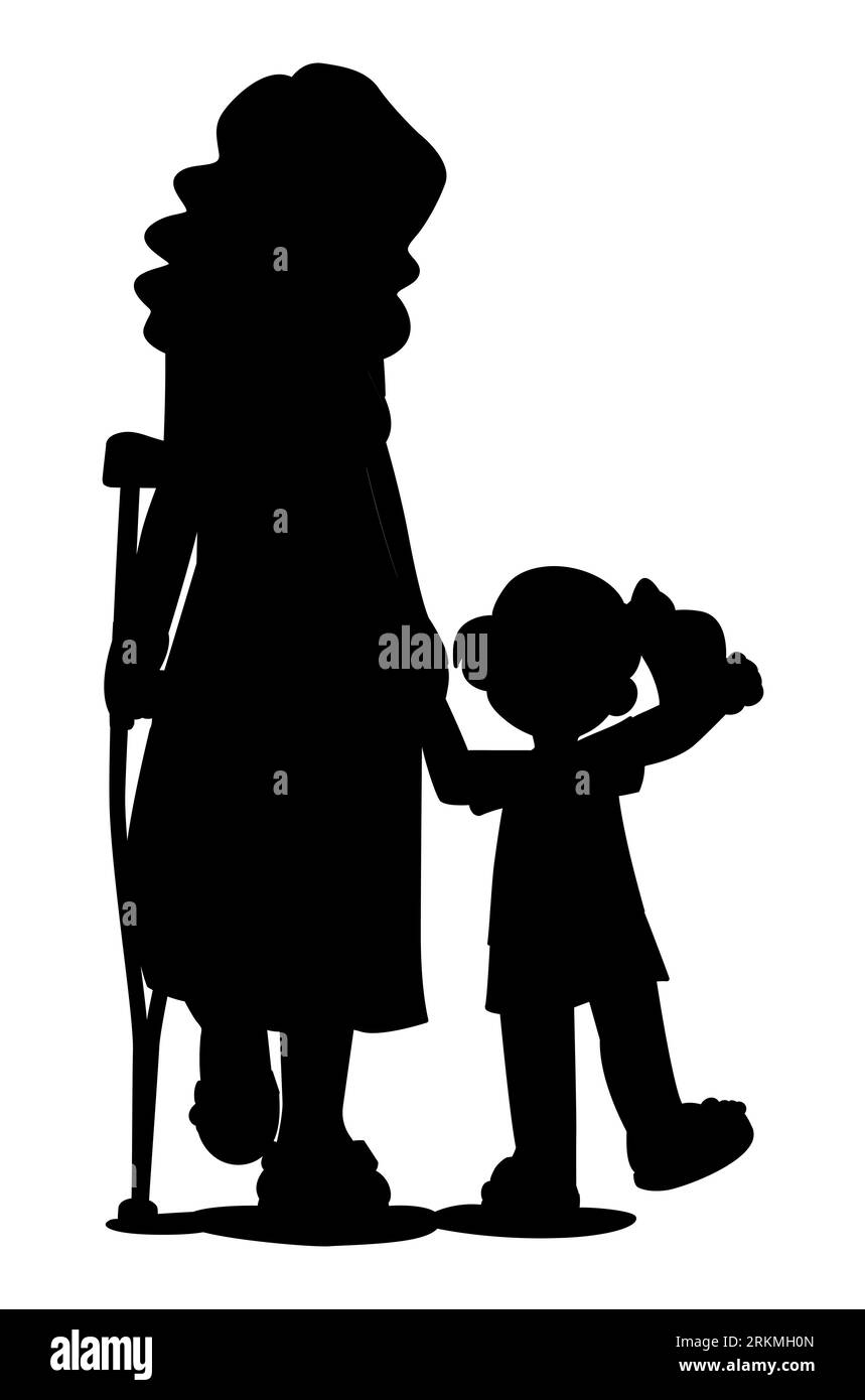 Black silhouette of a mother with a cane walking with her kid, a small kid walking with her injured mom, vector isolated on a white background Stock Vector