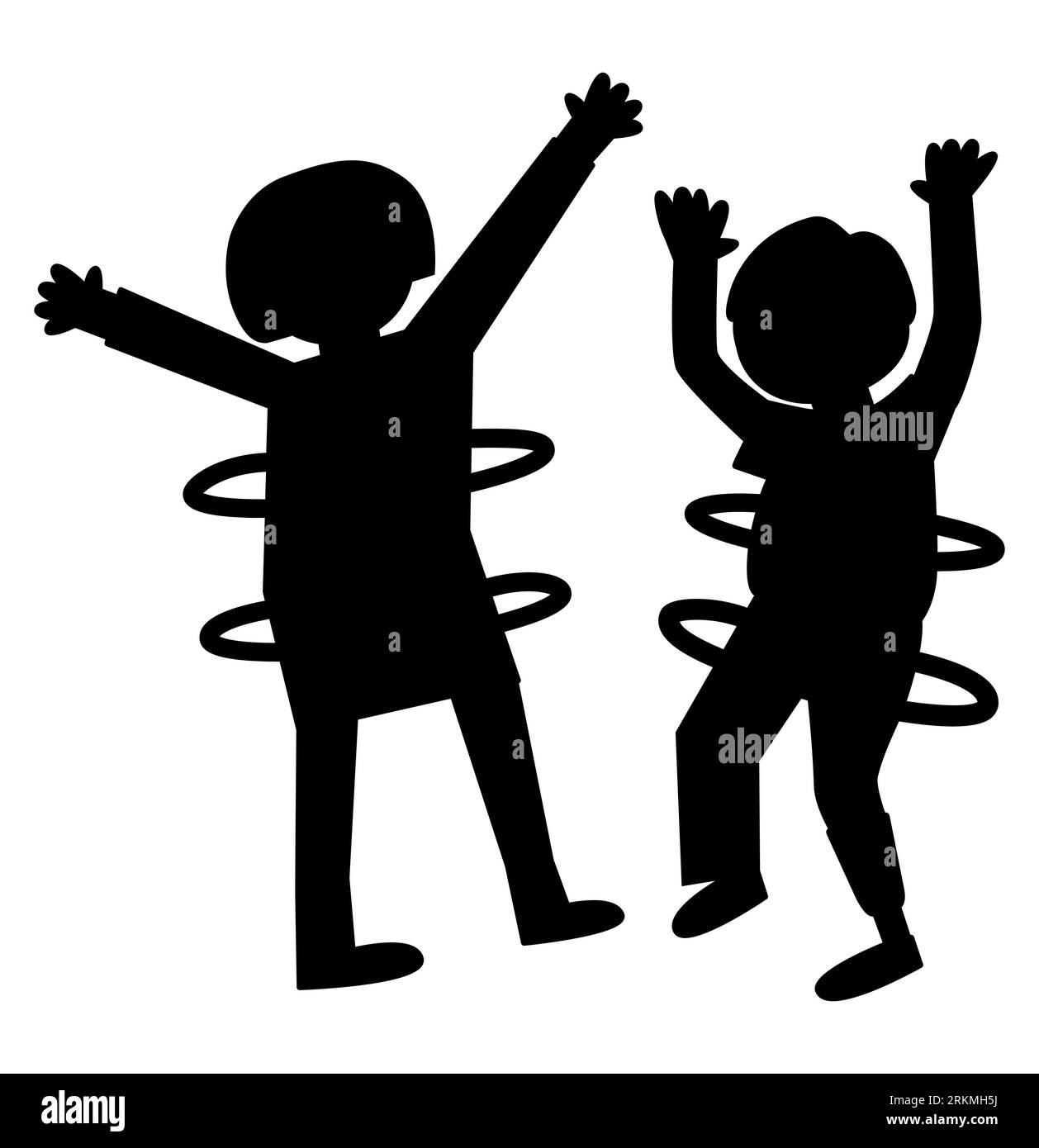Black silhouette of a boy and girl spinning and playing with hula hoops, vector illustration isolated on a white background, children cartoon Stock Vector