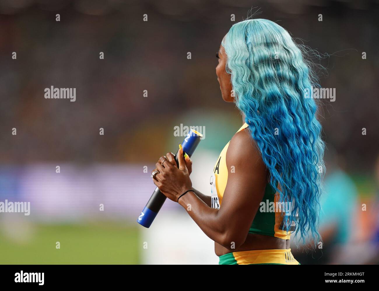 Budapest, Hungary. 25th Aug, 2023. Athletics: World Championships, 4x100 m, preliminary heat, women, at the National Athletics Center. Shelly-Ann Fraser-Pryce (Jamaica) crosses the track. Credit: Marcus Brandt/dpa/Alamy Live News Stock Photo