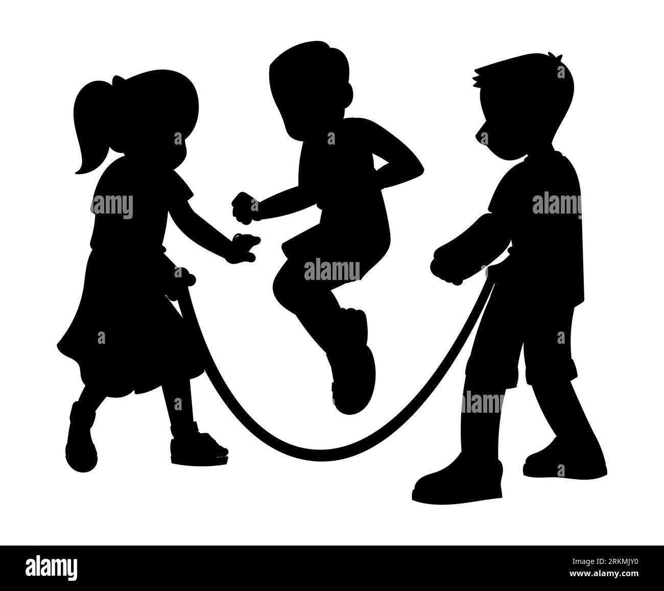 Black silhouette of kids playing in the playground, children skipping with jump rope, sports game icon, vector isolated on a white background Stock Vector
