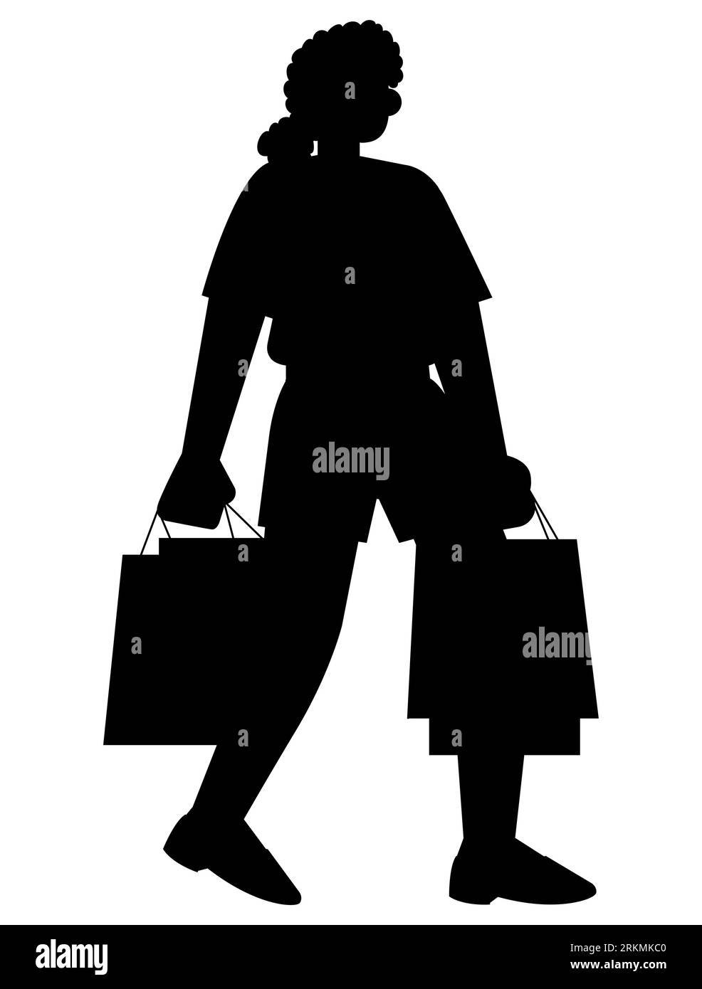 Black silhouette of a fashion woman holding shopping bags walking in the shopping store mall, vector isolated on white background Stock Vector
