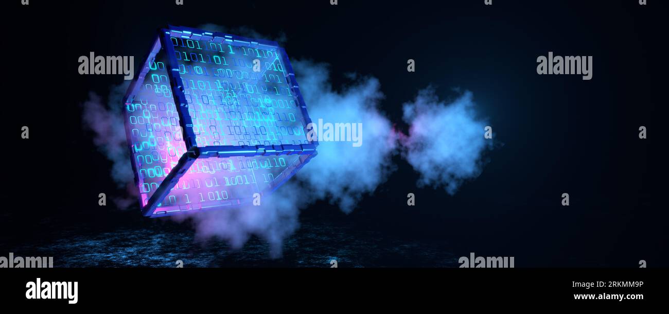 Blockchain technology cubed. Artificial intelligence, cube with numbers. Big data. Cube with binary numbers in the cloud. Cloud technology concept. 3D Stock Photo