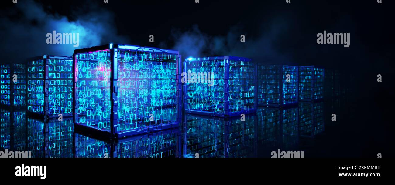 Blockchain technology cubed. Big data. Artificial intelligence, cube with numbers. Cube with binary numbers in the cloud. Cloud technology concept. 3D Stock Photo