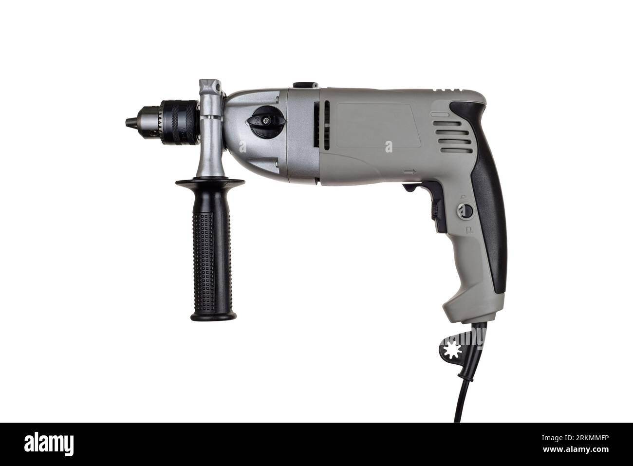 Hand drill isolated on white background. Manual power tool. Old hand