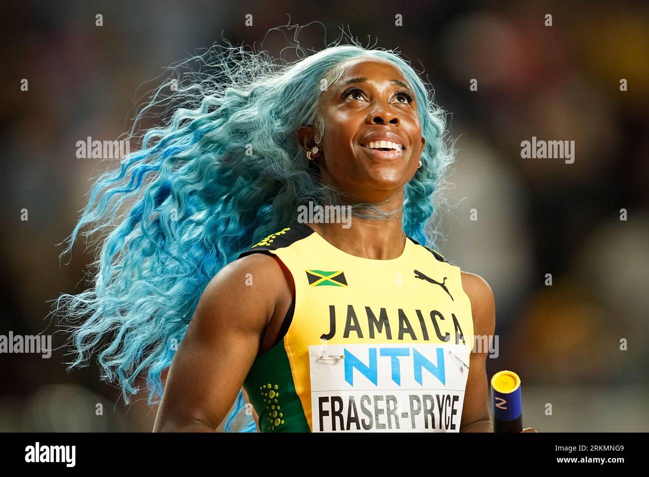 Budapest, Hungary 20230825.Shelly-Ann Fraser-Pryce of Jamaica during the women's 4x100 meters relay during the 2023 World Championships in Athletics at the National Athletics Center in Budapest, Hungary. Photo: Beate Oma Dahle / NTB Stock Photo