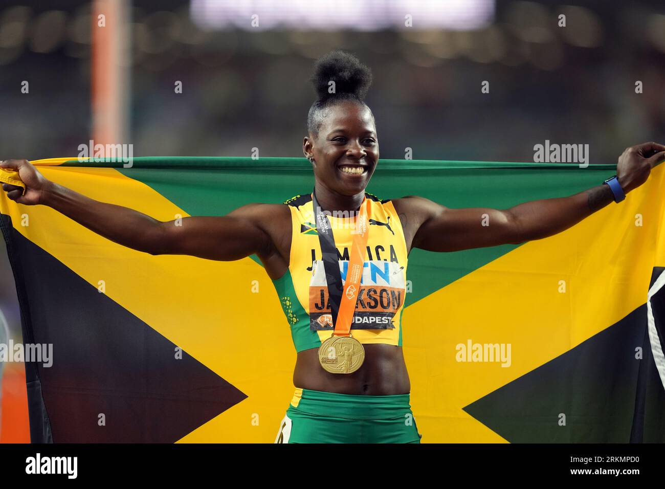 Jamaica’s Shericka Jackson after winning the Women’s 200m final on day