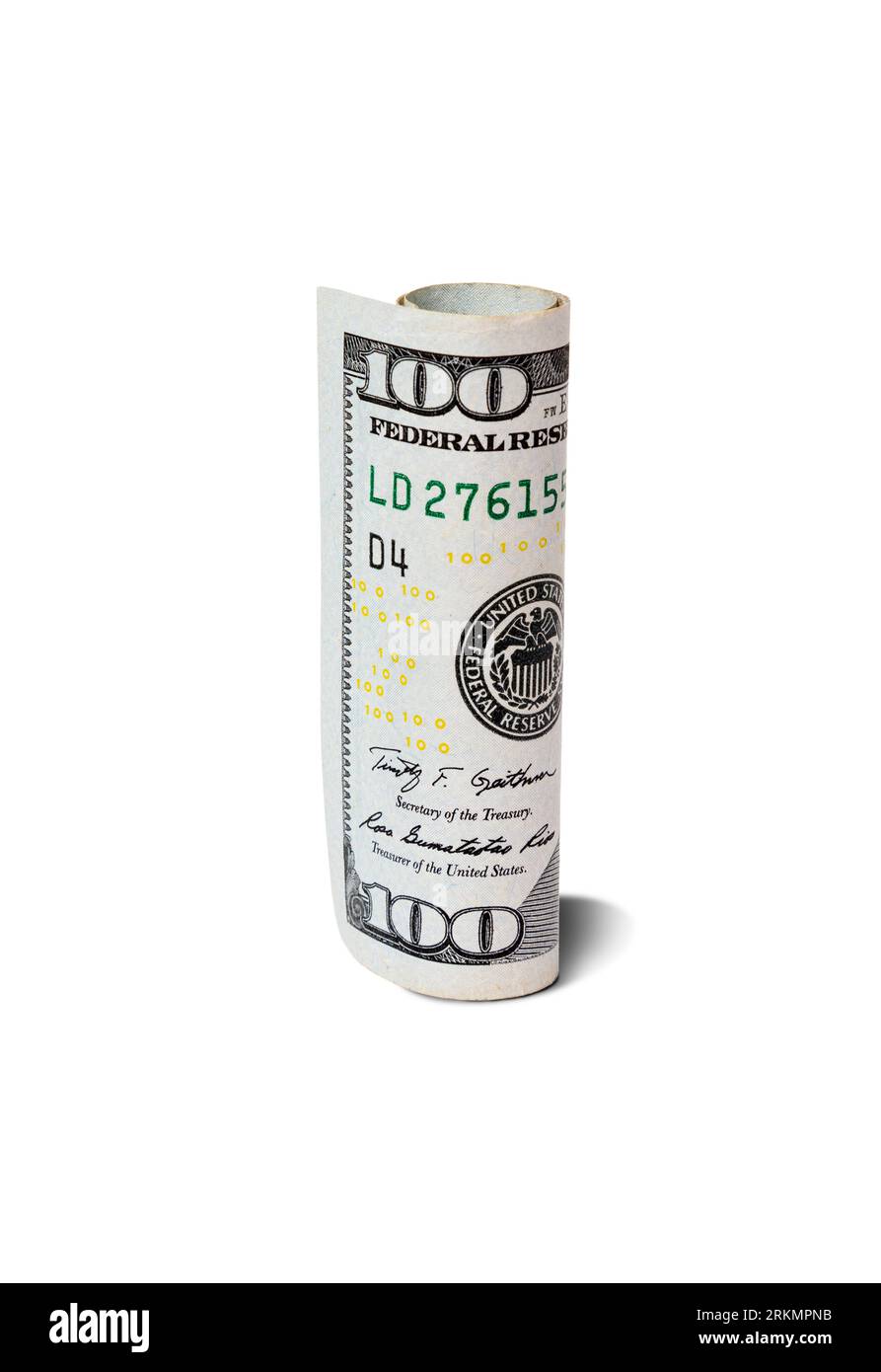 One hundred dollar bill rolled on a white background Stock Photo - Alamy