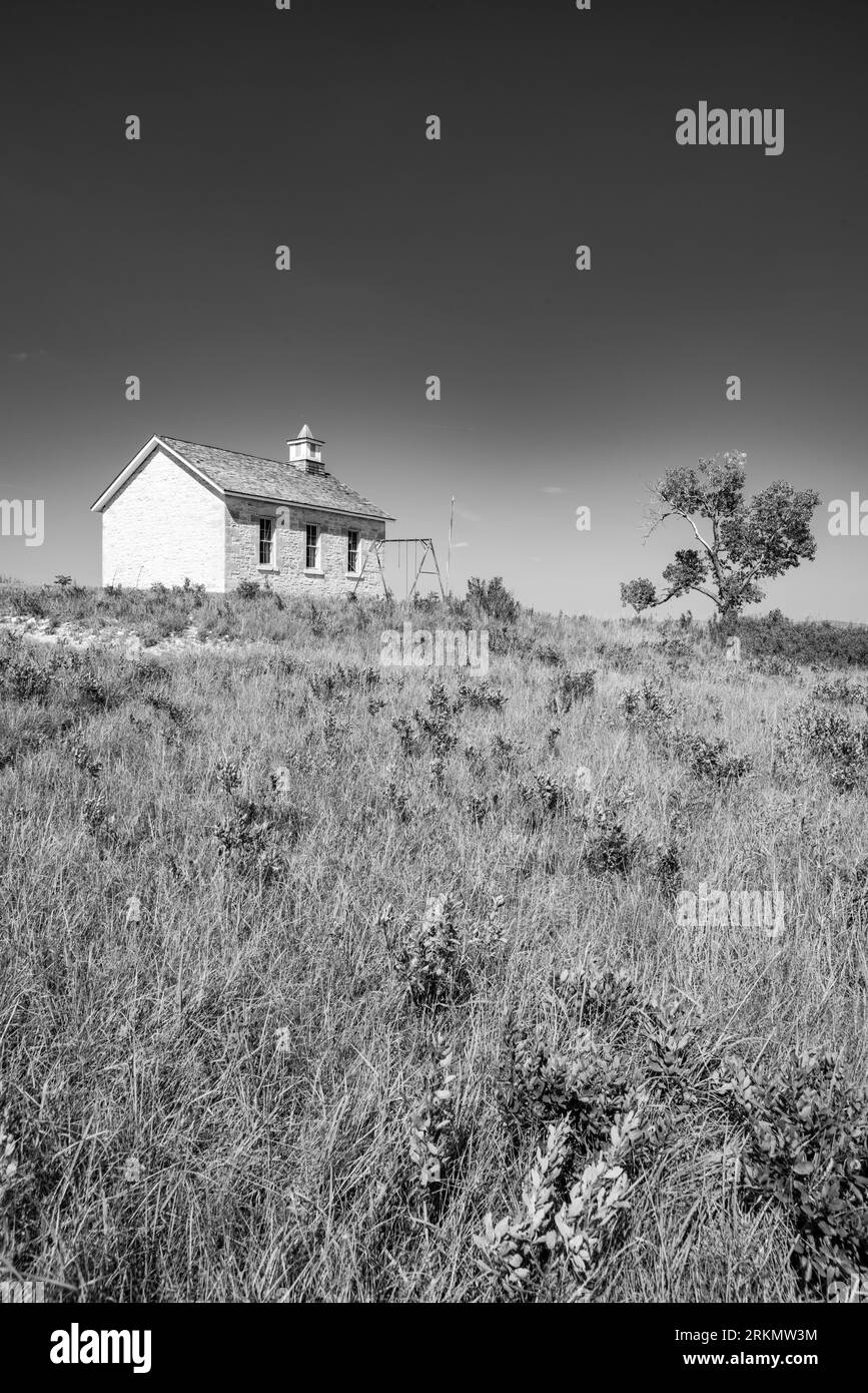The preserved limestone school house at Tallgrass Prairie National