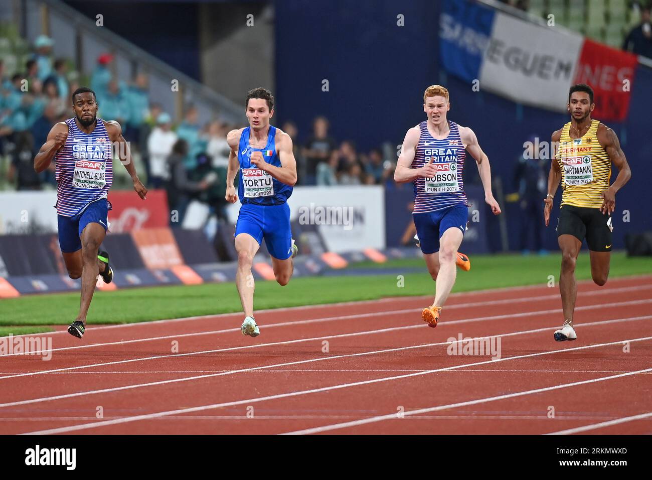 Nethaneel Mitchell-Blake (Silver) Filippo Tortu (Bronze), Charlie Dobson (Great Britain). 200m final. European Championships Munich 2022 Stock Photo