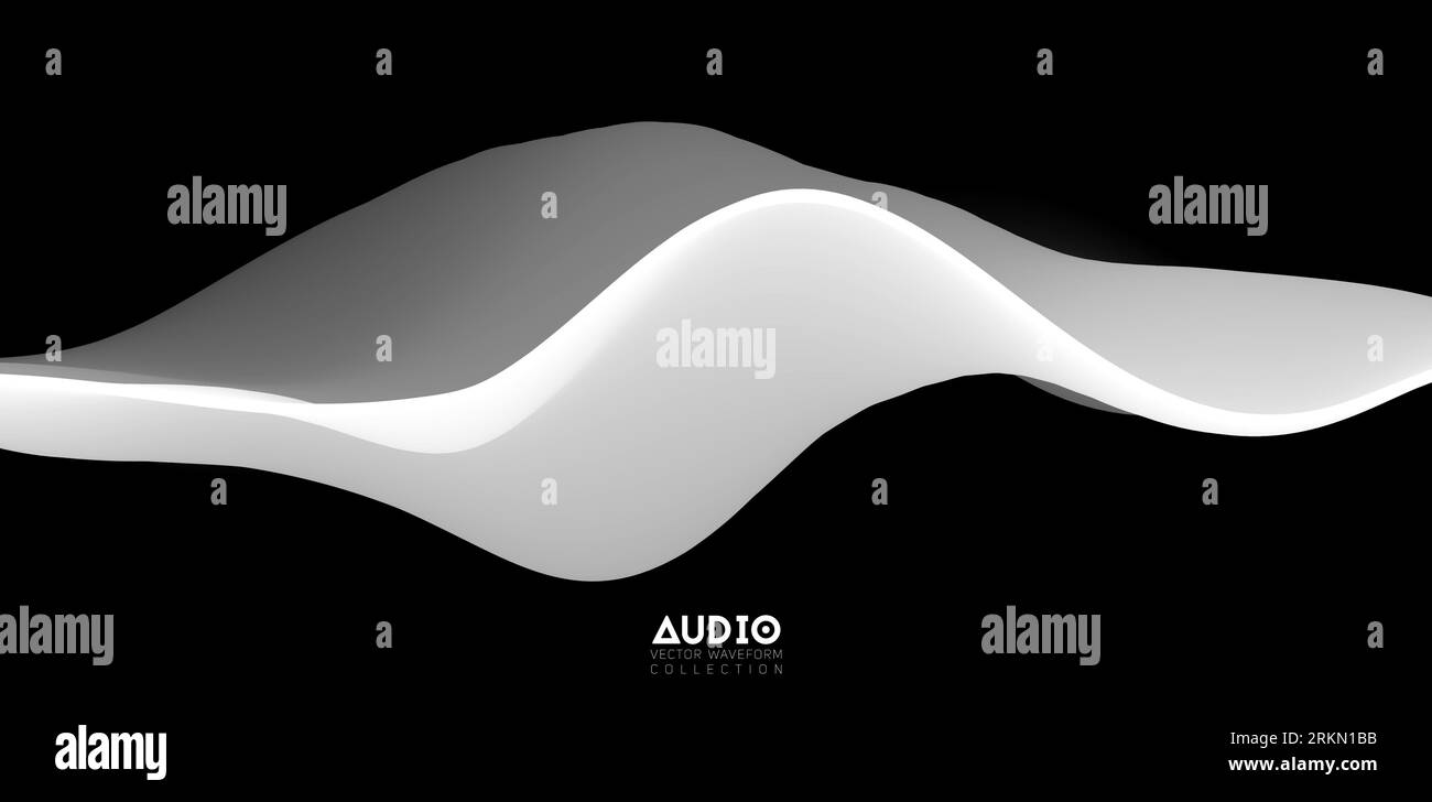 Sound wave visualiztion. 3D black and white solid waveform. Voice sample pattern. Stock Vector