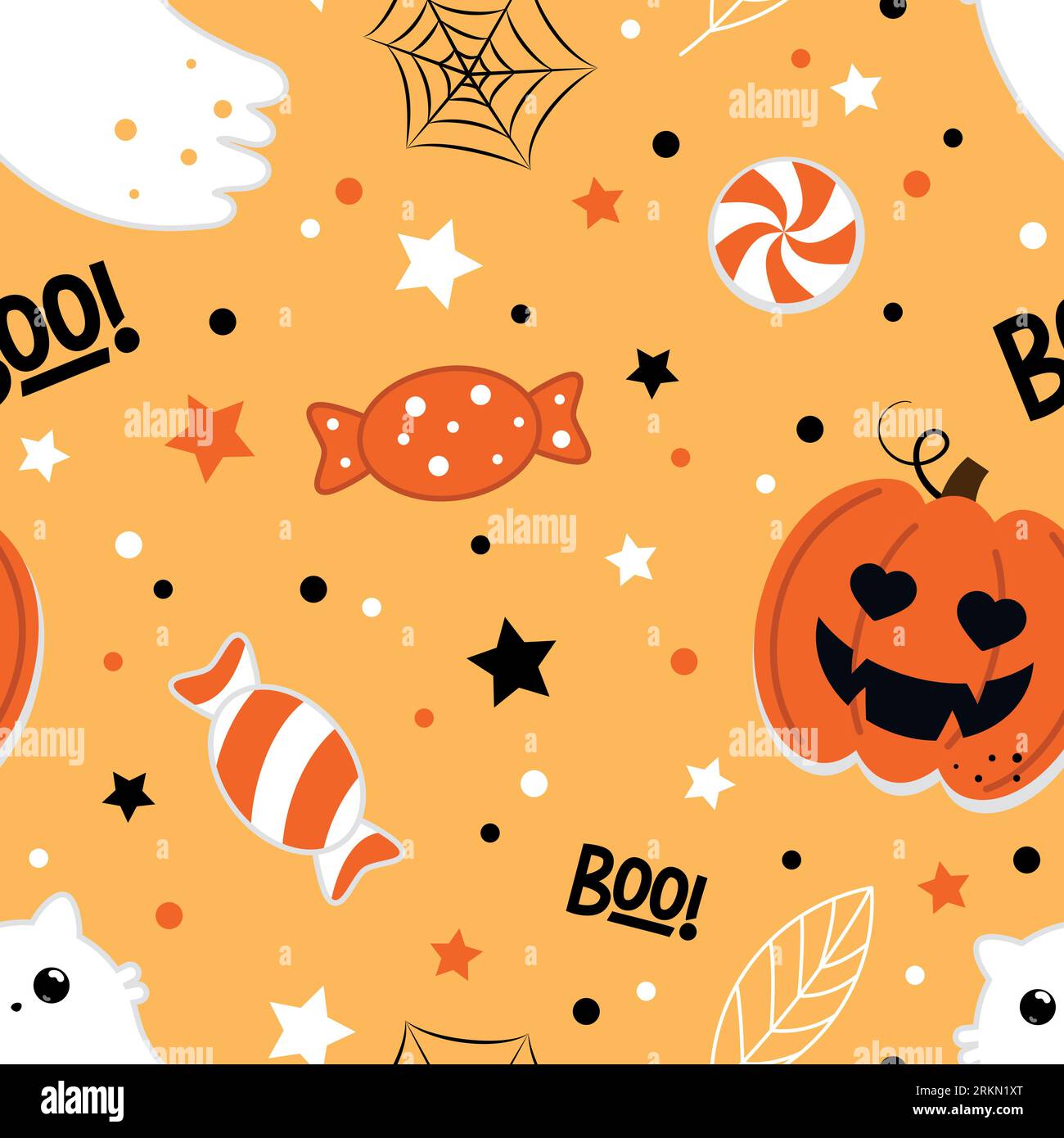 Halloween seamless pattern. Vector illustration of cute ghost cats, pumpkins and candies on an orange background. Vector cartoon seamless pattern. Stock Vector