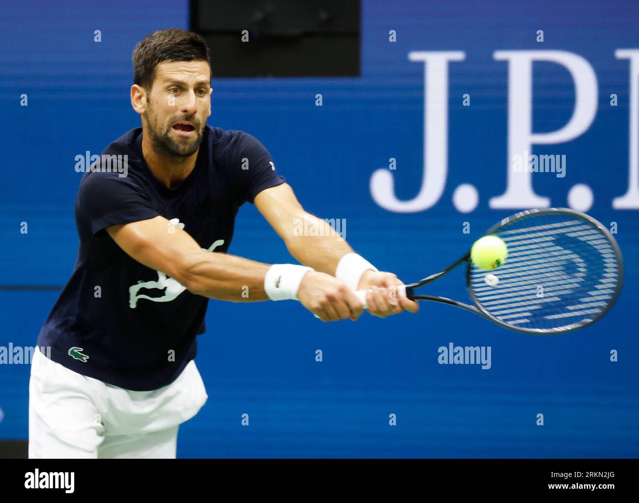 Flushing Meadow, USA. 25th Aug, 2023. Novak Djokovic of Serbia practices in Arthur Ashe Stadium at the 2023 US Open Tennis Championships in at the USTA Billie Jean King National Tennis Center on Friday, August 25, 2023 in New York City. Photo by John Angelillo/UPI Credit: UPI/Alamy Live News Stock Photo