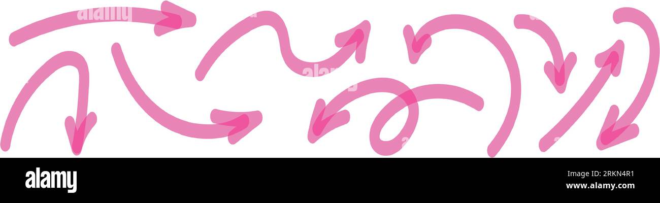 Hand drawn pink arrows with spirals and curves. Brush and markers ...