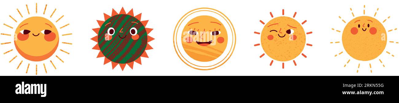 Sun character, cute and smiling, sunny summer. Childish cartoon sticker, hand drawn face. Flat vector illustrations isolated in background. Vector Stock Vector