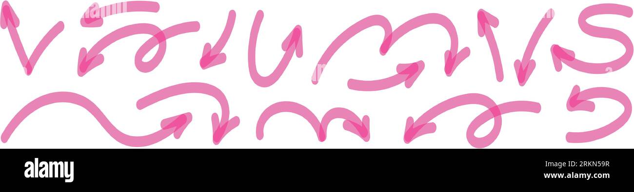 Hand drawn pink arrows with spirals and curves. Brush and markers ...