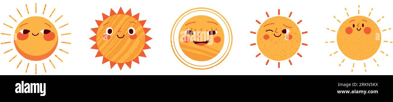 Sun character, cute and smiling, sunny summer. Childish cartoon sticker, hand drawn face. Flat vector illustrations isolated in background. Vector Stock Vector