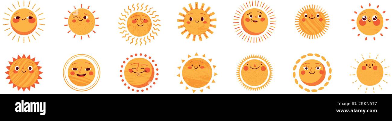 Sun character in cute style, face with a sticker. Sunshine with a smile for kids, doodled in a happy and fun way. Flat vector illustrations isolated Stock Vector