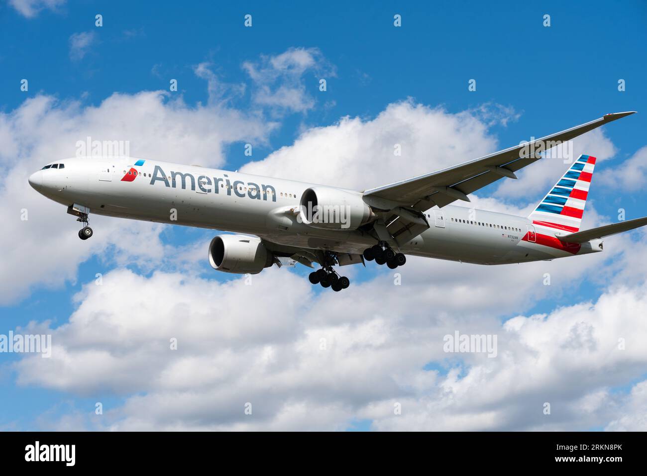 American Airlines Boeing 777-323/ER jet airliner plane N732AN on finals to land at London Heathrow Airport, UK. Long haul USA flight Stock Photo