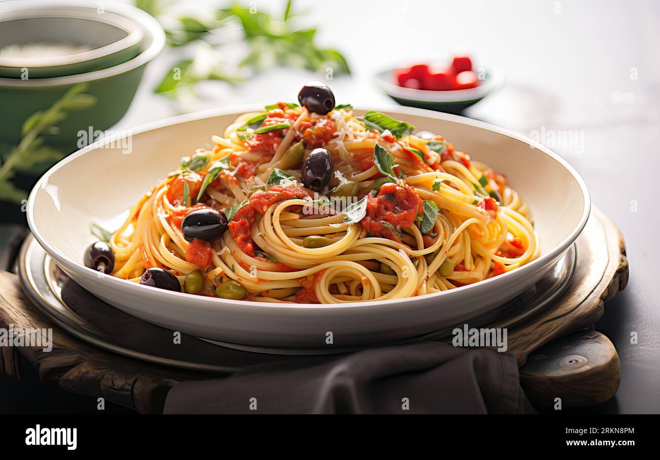 Spaghetti alla Puttanesca Elevated with Tomatoes, Olives, Capers, and