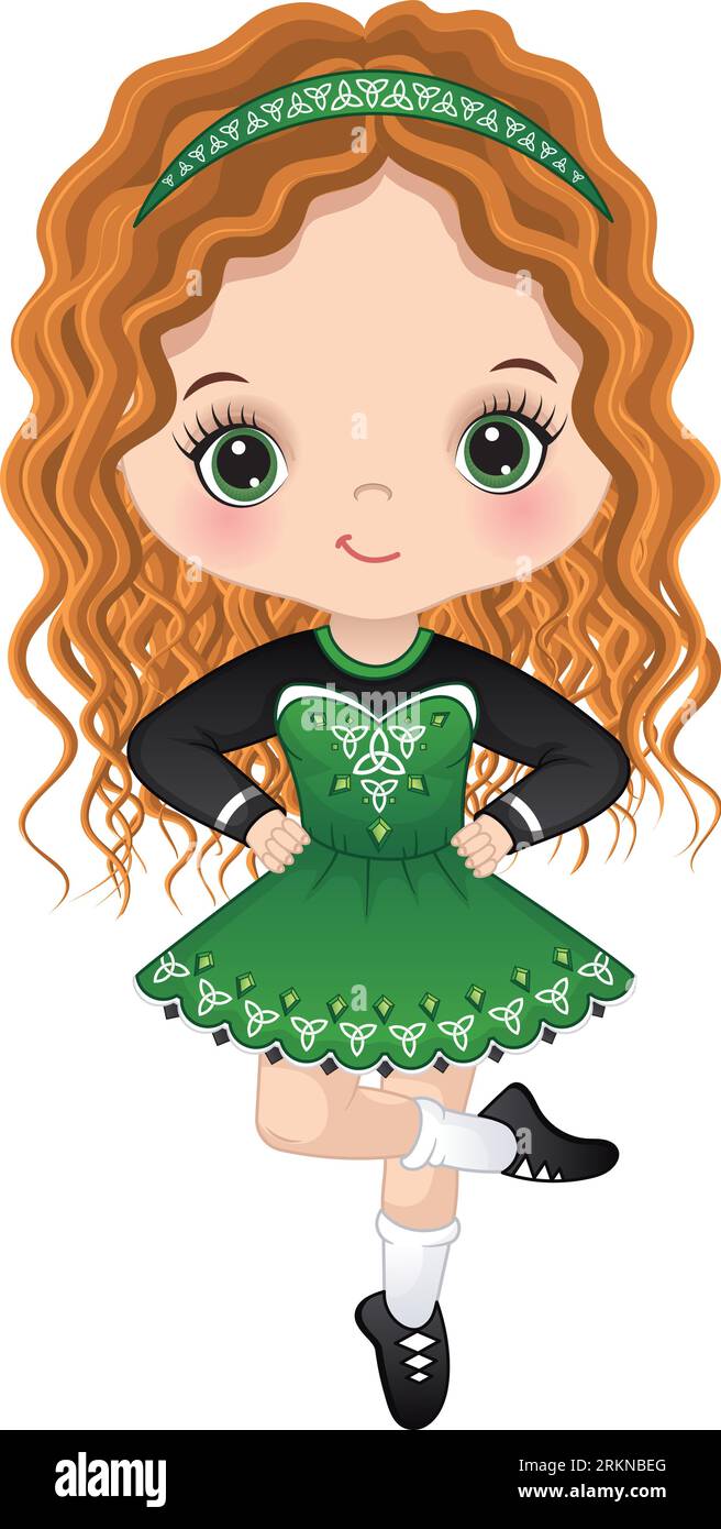 Vector Cute Girl Dancing Irish Dance in Traditional Celtic Dress Stock Vector